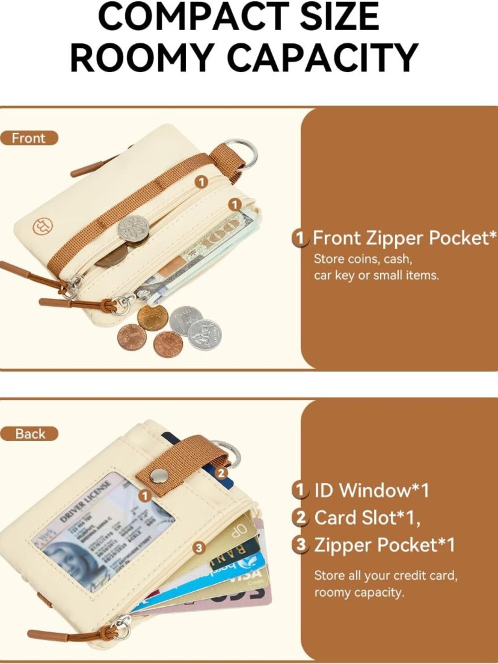 Small Wallet RFID, Minimalist Zip ID Case Wallet with Lanyard Keychain, Water Re - Picture 3 of 7